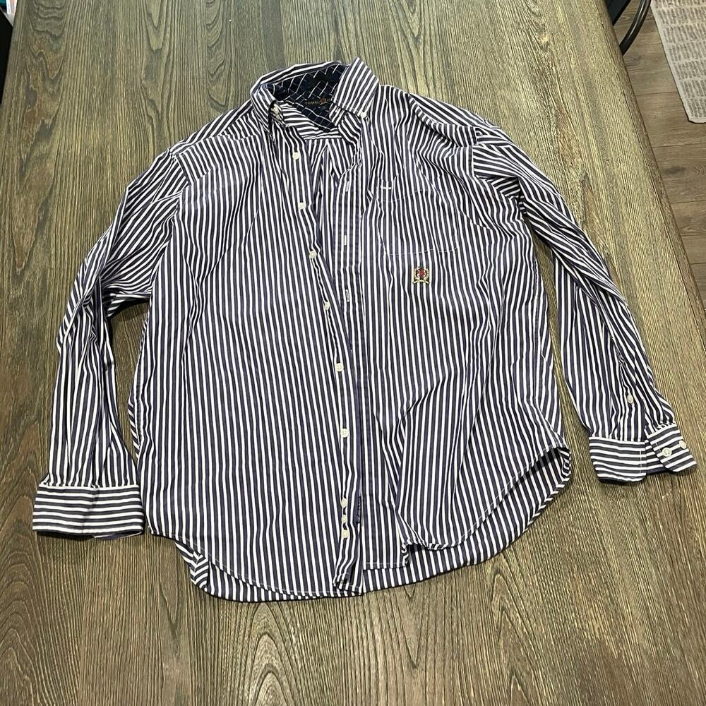 Tommy Hilfiger Mens Button-Down Shirt Long Sleeves Striped Navy White Size M